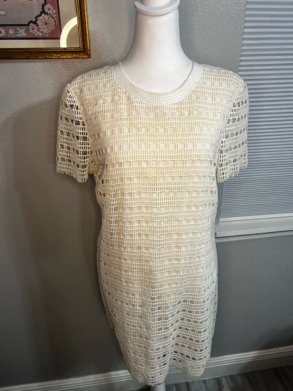 Tory Burch Dress Crochet Lace Lined Pencil Ivory Off White Medium